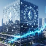 Ethereum symbols over digital stock charts and skyscrapers representing corporate adoption and blockchain investment growth