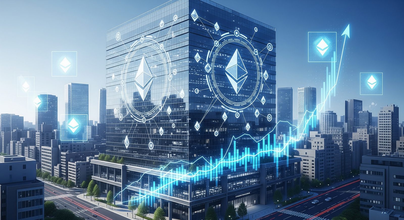 Ethereum symbols over digital stock charts and skyscrapers representing corporate adoption and blockchain investment growth