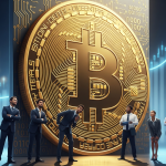 Bitcoin represented as a massive golden wall with investors looking up, symbolizing psychological barriers and skepticism, with price chart in background.