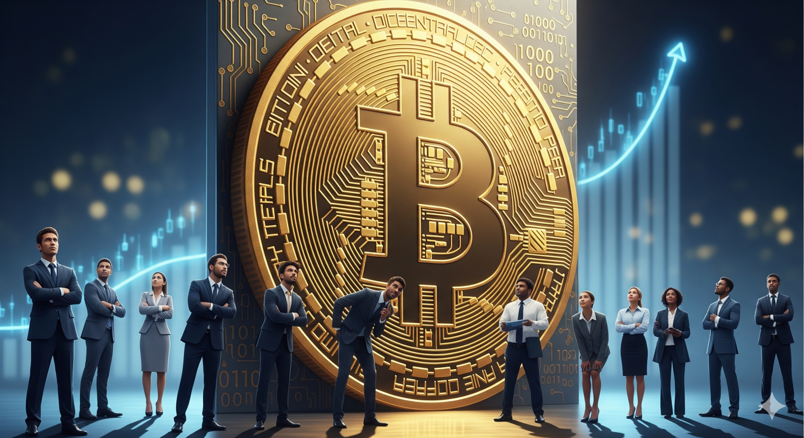 Bitcoin represented as a massive golden wall with investors looking up, symbolizing psychological barriers and skepticism, with price chart in background.