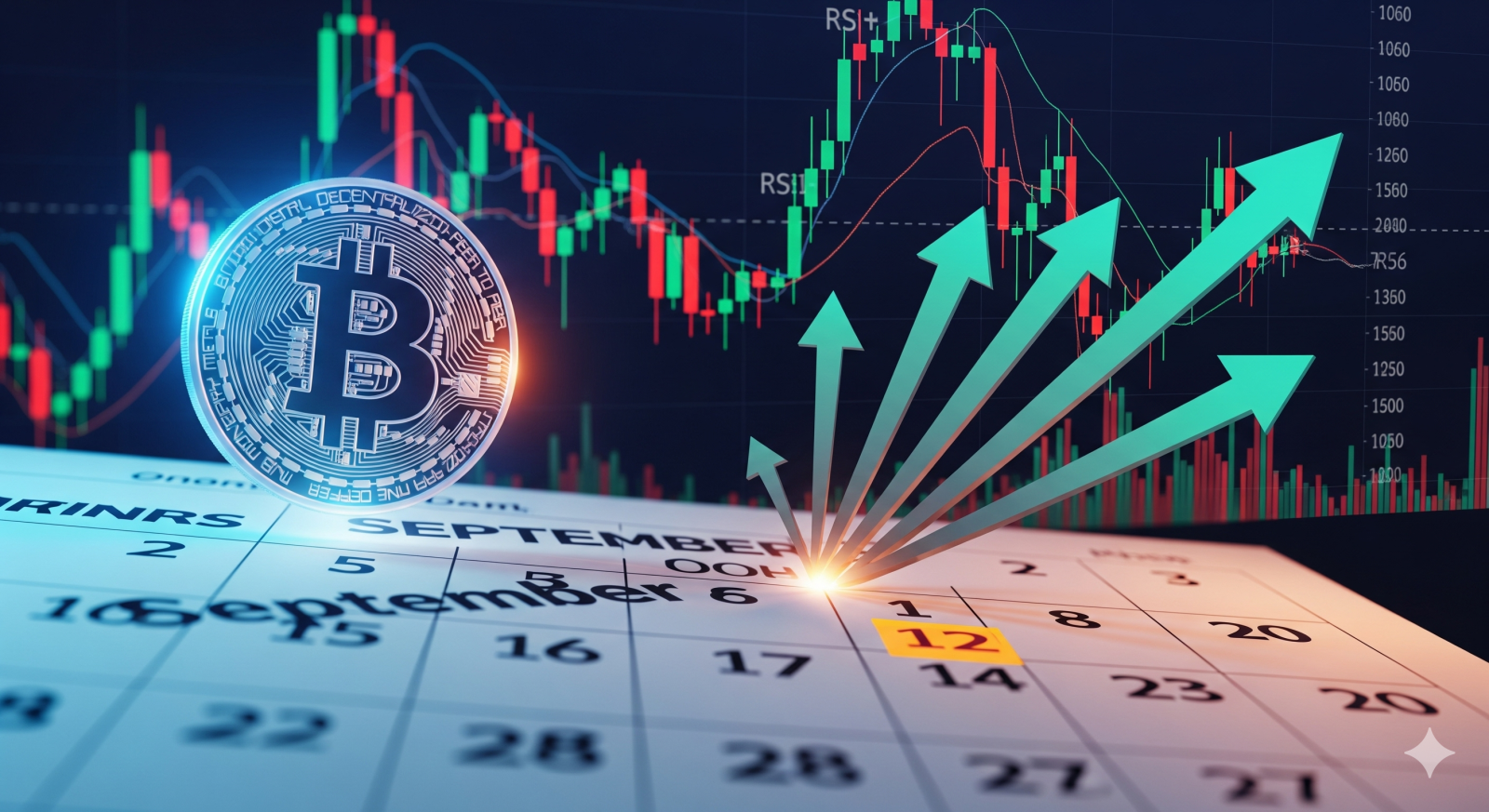 Bitcoin in front of September calendar with technical charts and bullish indicators, signaling potential breakout despite historical slump.