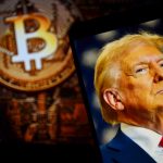 Illustration showing Donald Trump on the right side and a Bitcoin symbol on the left side.