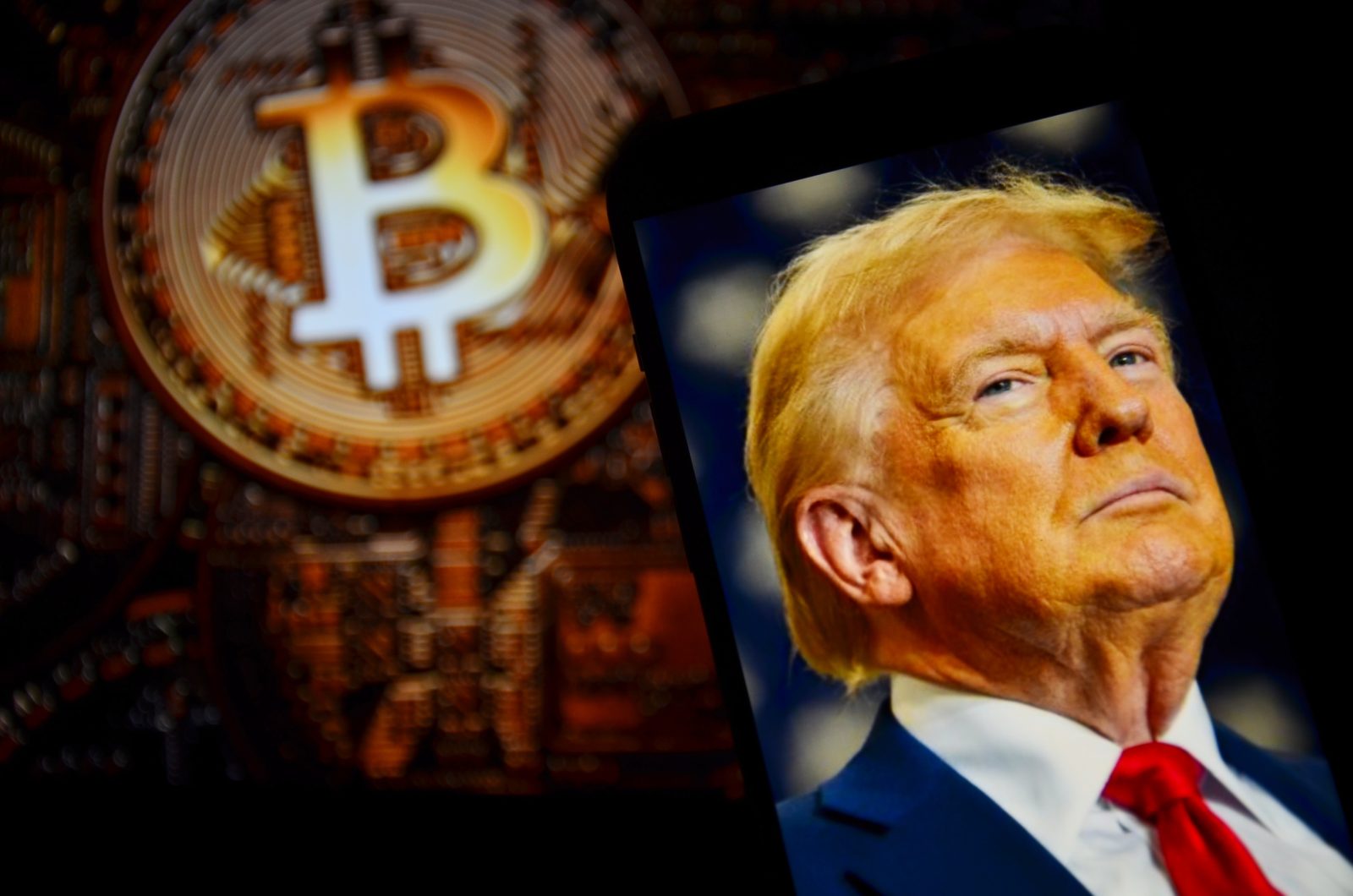 Illustration showing Donald Trump on the right side and a Bitcoin symbol on the left side.