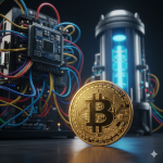 Golden Bitcoin coin in focus with quantum computer hardware in the background, symbolizing the potential security threat from quantum computing.