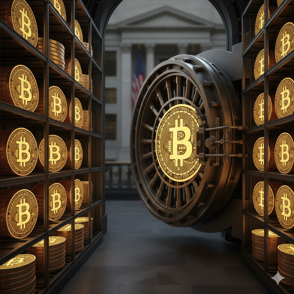 Open U.S. central bank vault filled with stacked Bitcoin coins instead of cash, representing a sovereign Bitcoin reserve.