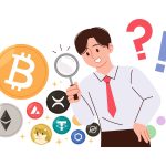 An illustration of an analyst with a magnifying glass examining various cryptocurrencies, including Bitcoin and Dogecoin, representing the analysis of weekly crypto chatter about BTC adoption, DOGE ETF hype, and other market concerns.