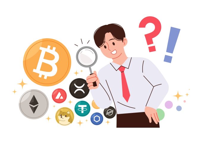 An illustration of an analyst with a magnifying glass examining various cryptocurrencies, including Bitcoin and Dogecoin, representing the analysis of weekly crypto chatter about BTC adoption, DOGE ETF hype, and other market concerns.
