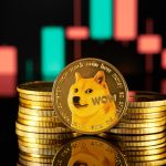 A physical Dogecoin is prominently displayed in front of a financial candlestick chart, symbolizing the cryptocurrency's aim for a $0.22 breakout as trading volume surges due to institutional catalysts.