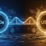 Editorial illustration showing Ethena’s two-front strategy with synthetic stablecoin USDe and Treasury-backed USDtb, representing the bridge between crypto-native assets and traditional finance.