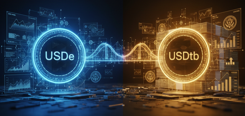 Editorial illustration showing Ethena’s two-front strategy with synthetic stablecoin USDe and Treasury-backed USDtb, representing the bridge between crypto-native assets and traditional finance.