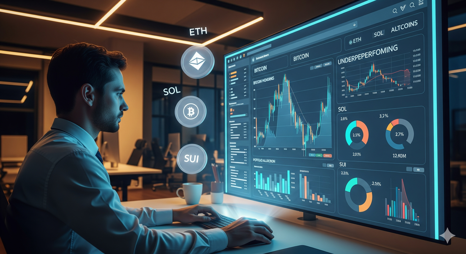 Corporate treasury executive analyzing Bitcoin and altcoin holdings on a digital dashboard
