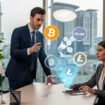 Pakistan financial executives observing floating holographic crypto symbols in a modern office