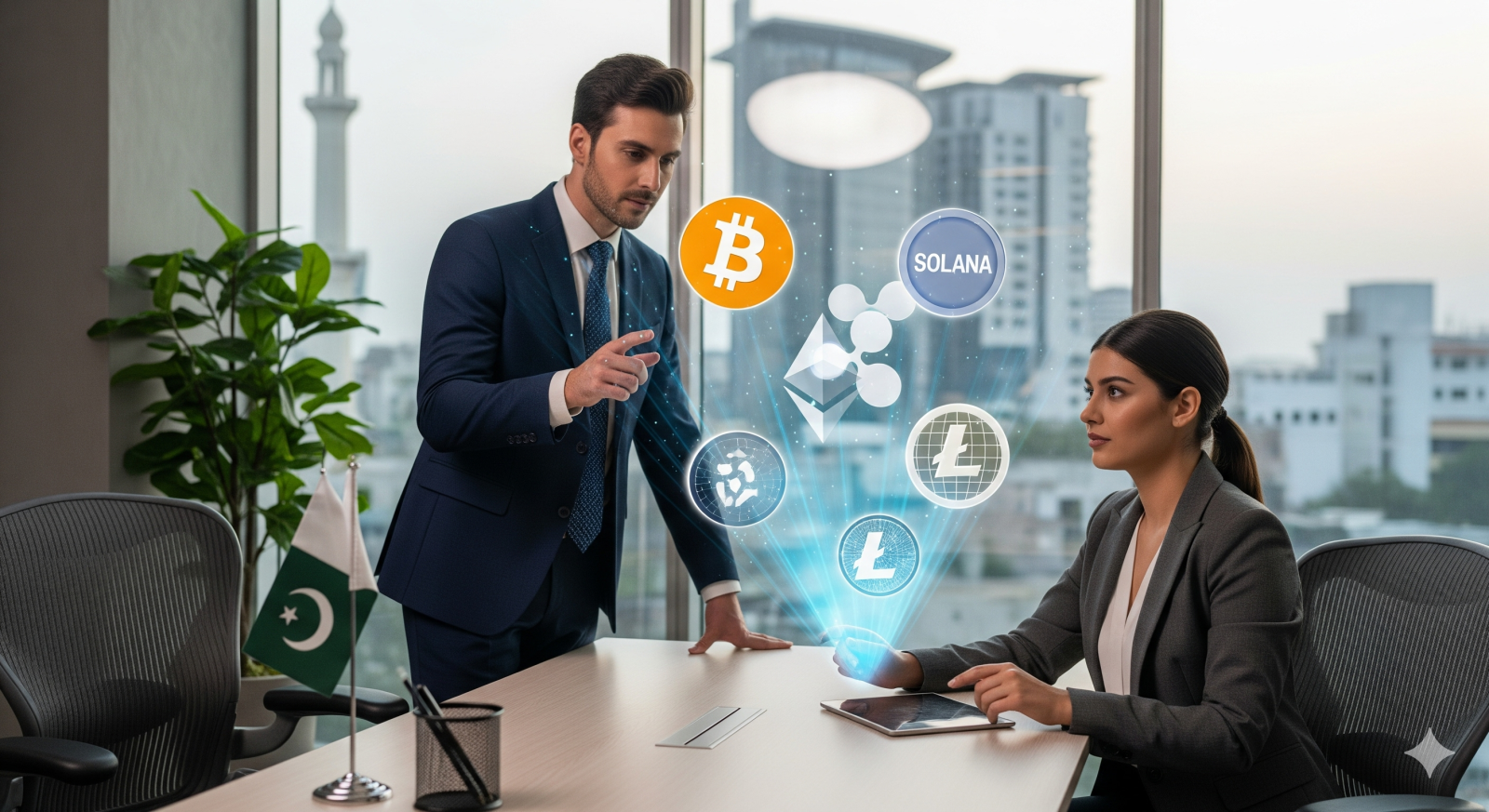 Pakistan financial executives observing floating holographic crypto symbols in a modern office