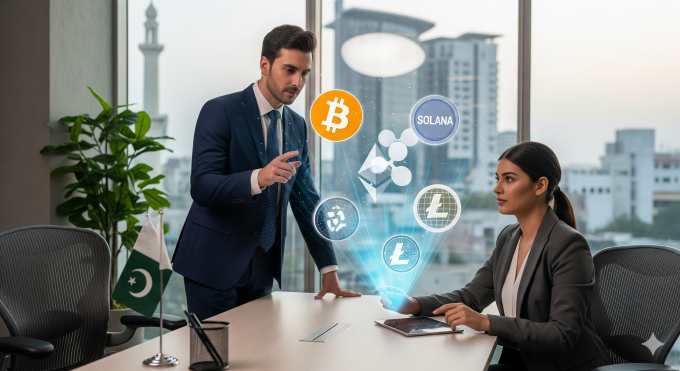 Pakistan financial executives observing floating holographic crypto symbols in a modern office