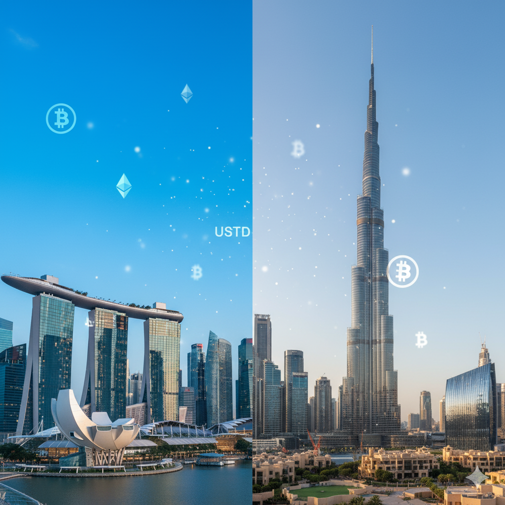 Split skyline of Singapore and Dubai representing global crypto adoption hubs, with Bitcoin and Ethereum icons overlayed.
