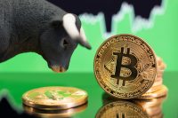 A bull figurine looks at a physical Bitcoin coin, symbolizing a "bull market." In the background, a green, upward-trending chart represents the bullish sentiment and price rally.