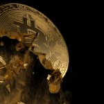 A conceptual image showing a golden Bitcoin coin shattering and breaking apart against a dark background. The image visually represents the sudden and severe 'flash crash' of Bitcoin, as discussed in the October 2025 article about the massive leverage wipeout.