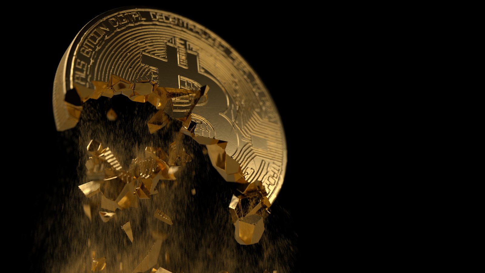 A conceptual image showing a golden Bitcoin coin shattering and breaking apart against a dark background. The image visually represents the sudden and severe 'flash crash' of Bitcoin, as discussed in the October 2025 article about the massive leverage wipeout.