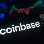 A smartphone displays the Coinbase logo, with a volatile financial chart blurred in the background. The image illustrates the crypto exchange (COIN) which is the subject of an October 2025 article about a JPMorgan upgrade and the potential of its Base token.