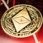 A physical, gold-colored Ethereum Classic (ETC) coin is shown against a red, bearish financial chart with downward-trending lines and data. The image represents the broader cryptocurrency market's downturn, setting the context for an October 2025 article where Ethereum (ETH) showed relative strength compared to other altcoins during a 'Black Monday' event.