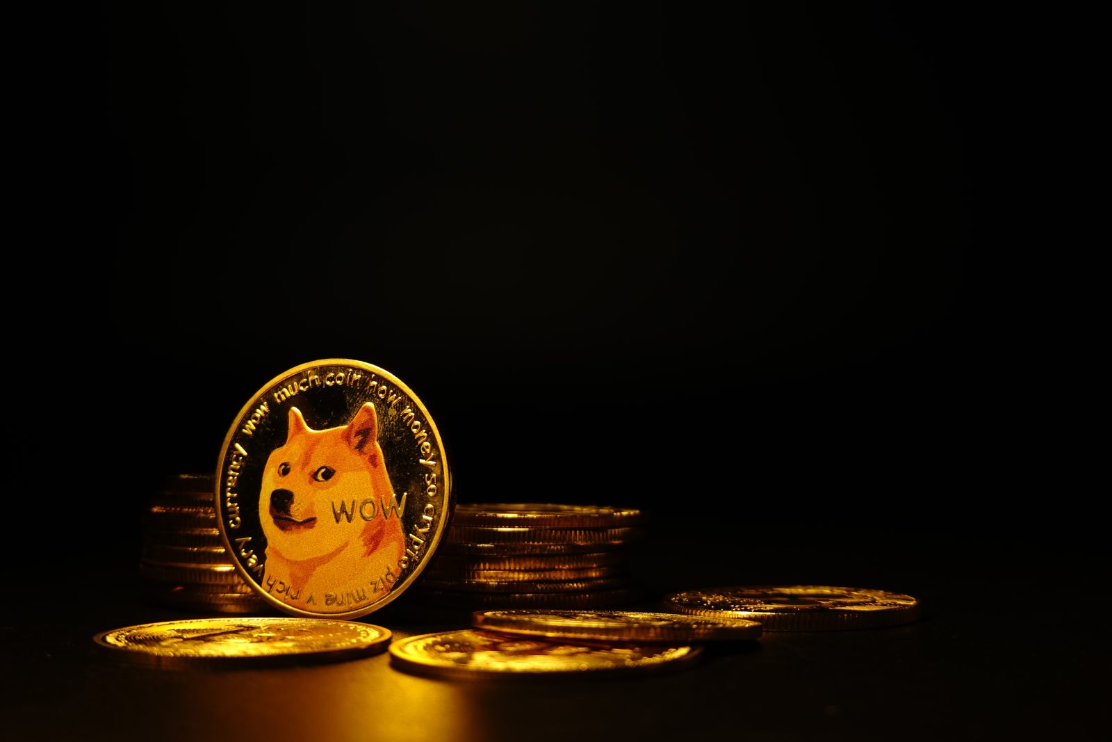 A physical, gold-colored Dogecoin, featuring the Shiba Inu "Doge" meme, is prominently displayed among other coins on a dark surface. The image represents the popular cryptocurrency, which is the subject of a 2025 article about its recent price movements and market activity.