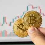 A hand holds two physical Bitcoin coins in front of a blurred financial candlestick chart. The image represents the crypto market, which is the subject of an SKN market wrap (November 2025) detailing Robert Kiyosaki's $250K Bitcoin price target.