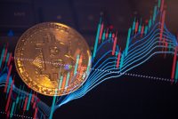 A physical Bitcoin coin overlaid with a volatile digital trading chart featuring red and green candlesticks and trend lines.