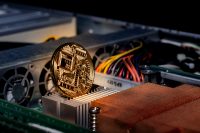 A physical gold Bitcoin coin rests on the internal heatsink of a computer, symbolizing cryptocurrency mining.