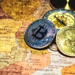 Silver and gold Bitcoin coins resting on a vintage map next to a compass, symbolizing direction and global reach.